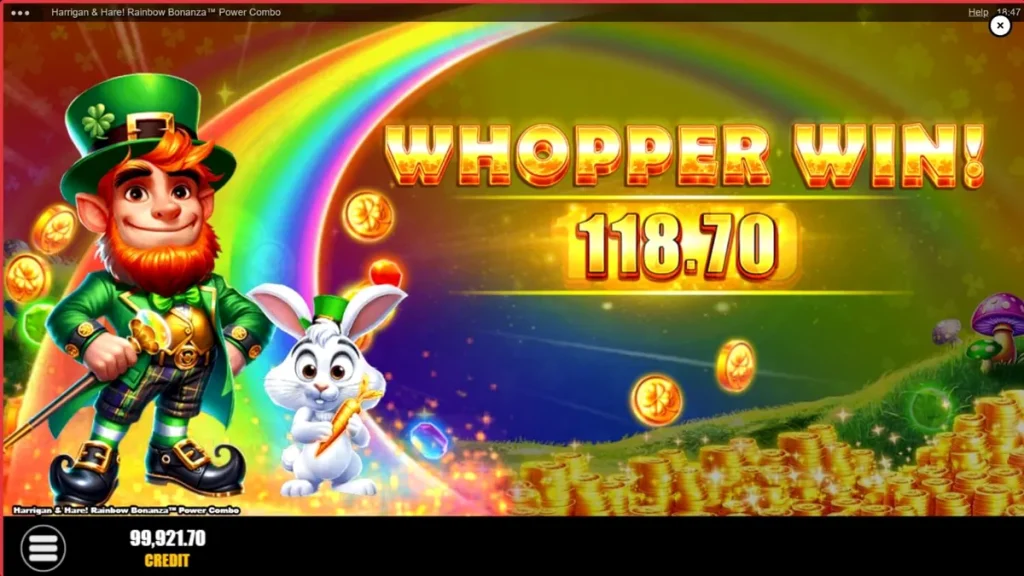 Harrigan & Hare Rainbow Bonanza Power Combo slot machine interface with Irish theme